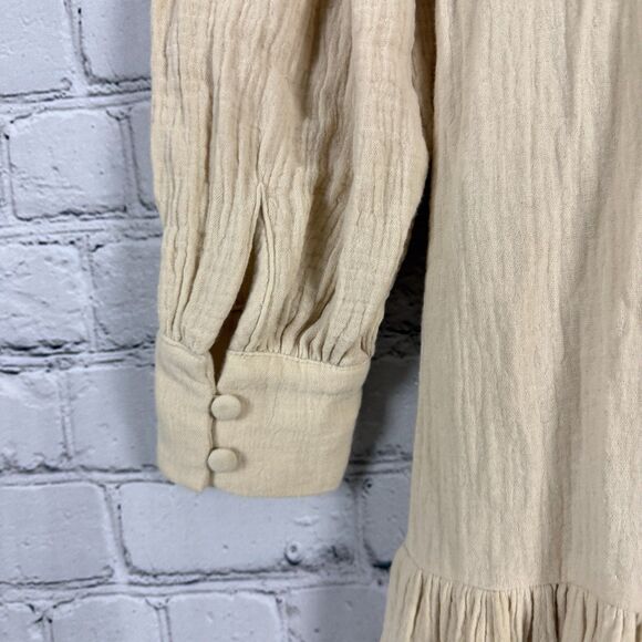 Bl_ank Gauze Crinkled Cotton Dress Long Sleeves Beige Womens S Boho Cottagecore - Picture 6 of 9